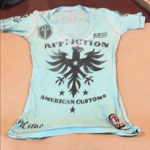 Affliction light blue distressed v neck t shirt